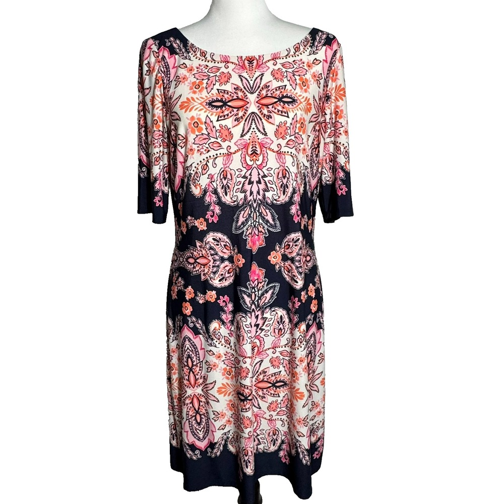 ELIZA J Women's 12 Pink Paisley‎ Floral Short Sleeve Scoop Neck Midi Dress Boho